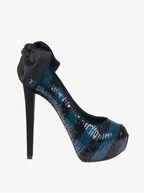 Louis Vuitton Ballroom Blue & Black Stripe-Sequin Bow Open-Toe Pumps